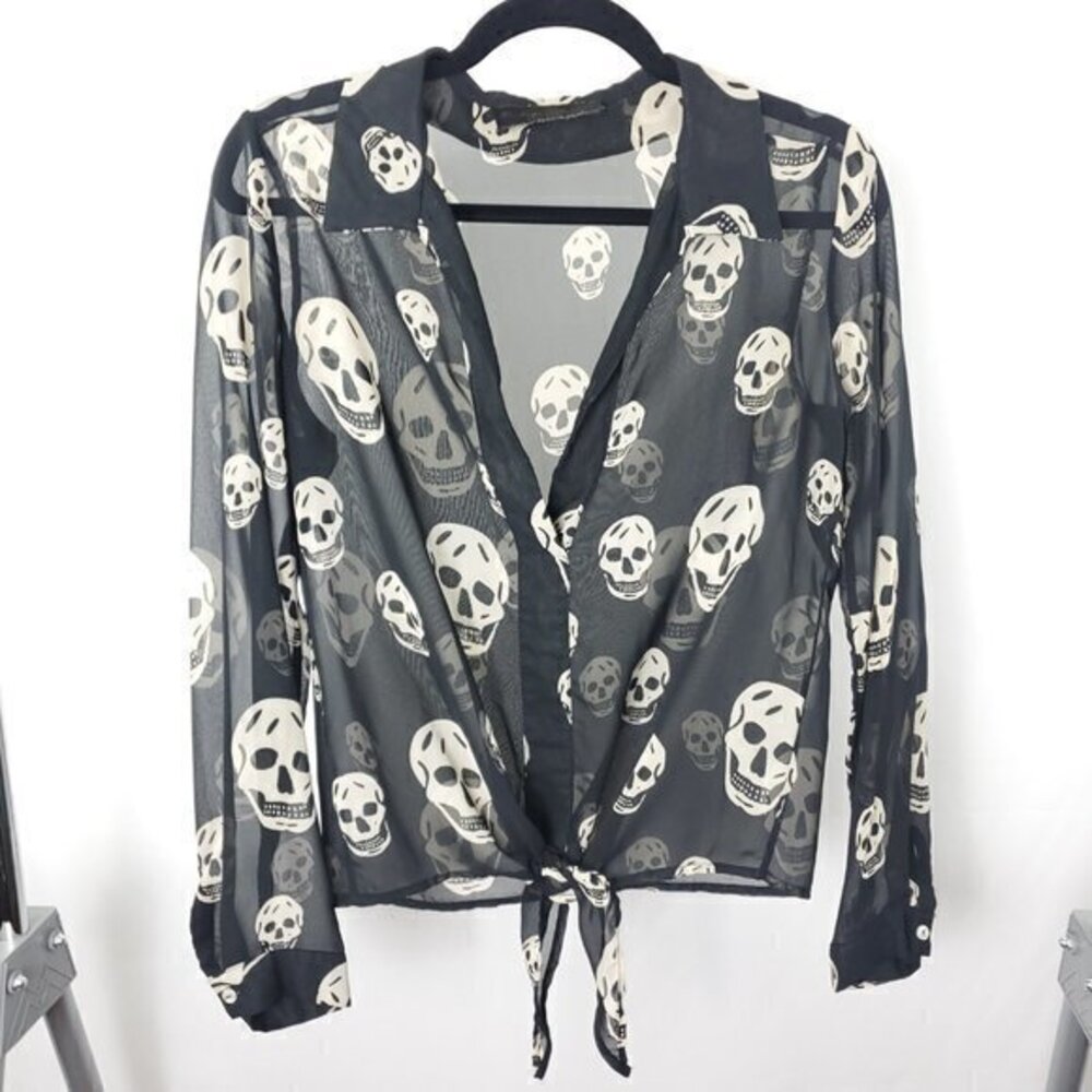 Vintage Havana Black Sheer Tie Front Skull Collared Popover Top Long Sleeve S